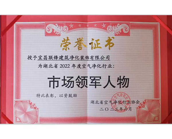 湖北省2022年度空氣凈化行業市場領軍人物榮譽證書